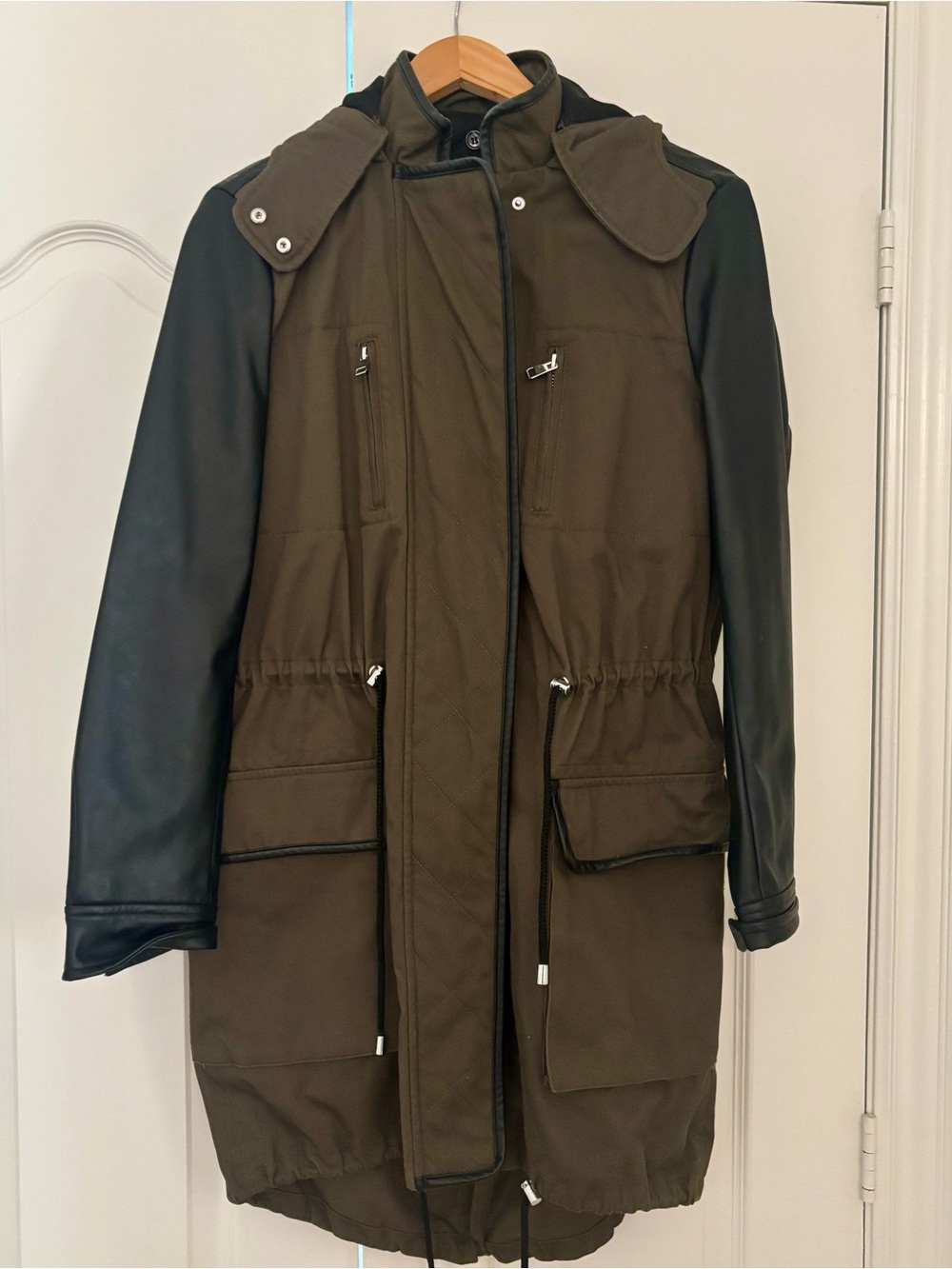 Olive Green Parka with Black Sleeves - Women’s Water-Resistant Jacket XS, NWOT